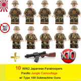 WW2 Japanese Paratroopers Soldiers in Pacific Jungle Camouflage - [10] FIGURES + Type 100 Submarine Guns -