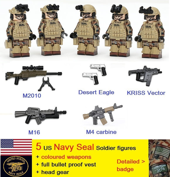 US Army - Navy Seal Soldier (Black Headgear) [5] figures  w/ coloured weapons