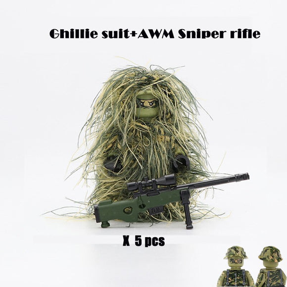 US Army - Ghillie Suit Sniper - [5] figures  w/ AWM sniper rifle (Green) -