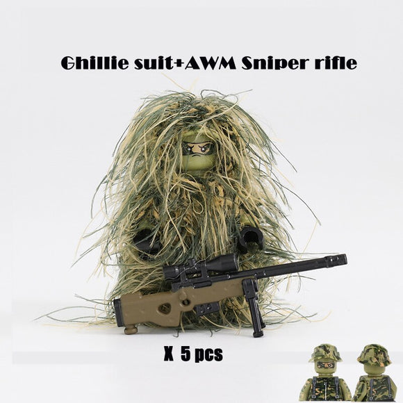 US Army - Ghillie Suit Sniper - [5] figures  w/ AWM sniper rifle (Beige) -